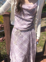 [Belt Set] Cheek Drape Check Unbalance Sleeveless Long One Piece