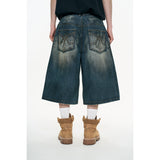 Oil-washed Bermuda denim pants - Deep Blue