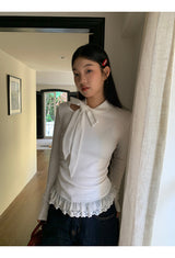 half turtleneck strap lace frill long-sleeve t-shirt