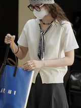 プレッピースカーフレイヤードニットショートスリーブトップ