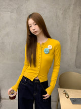 Flower Broach Yellow Round Cardigan