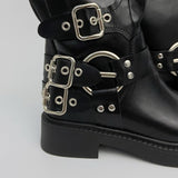 Six buckle belt long worker leather boots