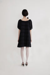 Flower crochet shirring dress (BLACK)