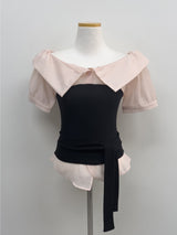 [Short Sleeve Version] Buttery Off-Shoulder Layered Blouse