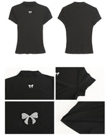 ハーフタートルネックブラックリボンショートスリーブtシャツ