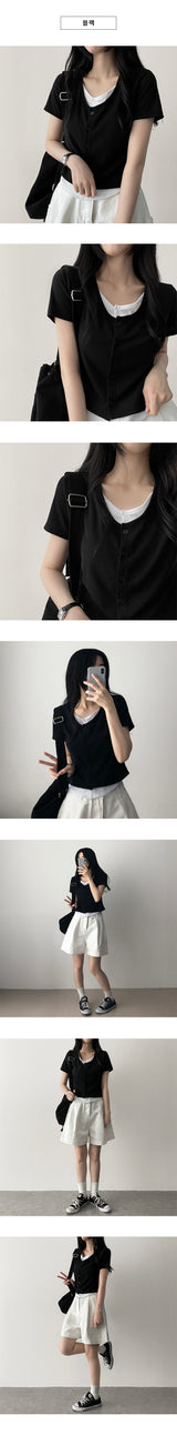 Erkin Spandex V-neck Color Layered Button Cardigan Short Sleeve T-shirt