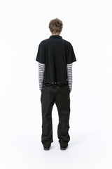 (BASE) レイヤードストライプポロ長袖Tシャツ (ブラック)