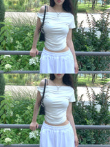 ツイストオフショルダー半袖Tシャツ (3 Colors)