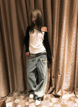 DOUBLE WAIST LOW WIDE DENIM PT