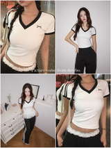 ブラックラインリボンVネック半袖Tシャツ