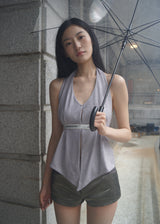 Beaded Strap Shirred Halter Top - Mauve