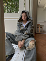 Damage Two Way Denim Hooded Jacket
