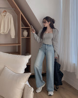Fleece wide denim pants