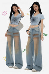 Light blue gradient blush washed straight leg floor-length jeans