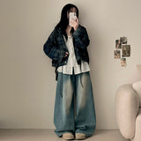 Flex waist string two-pin tuck snap wide denim pants