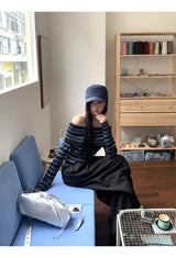 ストライプ スリム オフショルダー 長袖 ニット Tシャツ