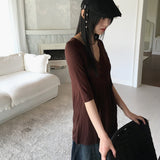 Pamil Vintage V-neck Button Pleated 3/4 Short Sleeve T-Shirt
