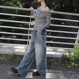 Vision Belt Buckle Shirring Ribbed Off-Shoulder T-Shirt
