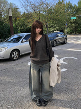 Kafun Vintage Washing Denim Wide Pants