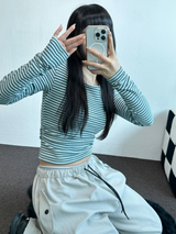 FLEECE❤SIDE SHIRRING STRIPE CROPPED LONG SLEEVE T SHIRT 🧸🤎🩶🩵3COLOR
