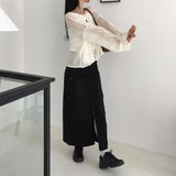 Wooden cargo front-slit washed denim long skirt