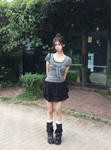 Asso Stripe Lace Puff Bolero Slim Short Sleeve T-Shirt