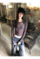 ビーズプリンテッドシースルーロングスリーブTシャツ