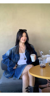 denim loose fit collar zip-up jacket two-piece (skirt set)