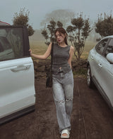 [U-DENIM] Summer ripped jeans wide denim pants