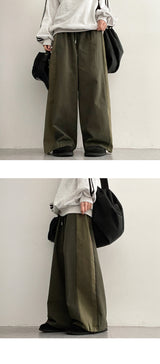 Two-Tone String Coloring Cotton Banded Waist Wide Pants