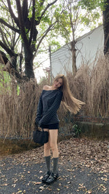 Unbalanced Off-Shoulder Stripe Long Sleeve T-Shirt