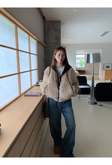 Eyes Hooded Layered Fur Zip-Up Jacket