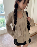 Ilu bean button side strap V-neck long-sleeve blouse