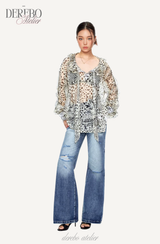 Leopard see-through frill blouse