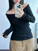 OFF SHOULDER TWISTED SLIN LONG KNIT 🩶🤍🖤3COLOR