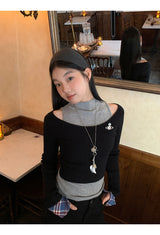 リップネックレイヤードロングスリーブチェックTシャツ