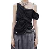 ONE-SHOULDER SHIRRING BLOUSE_BLACK