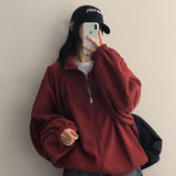 Baggle Oversized Corduroy Embroidery High-Neck Zip-Up