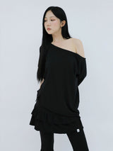 アンバランスボタンショルダートップ(BLACK)