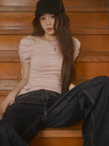 Meow Summer draping shrring Boat neck Top