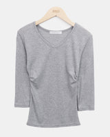 Nilon V-Neck Side-Shirring 7-Sleeve T-Shirt