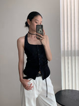 Single buckle ホルターネックレースアップノースリーブ Tシャツ