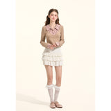 [GirlyFancyClub] high-intelligence miu style*pink and brown striped small lapel faux two-piece knitted top for
