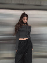 [Muffler set] レイオフショルダーストライプロングスリーブ