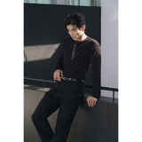 Leather ribbed henry neck long sleeves(Black)