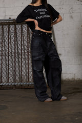 Dirty Washed Wide Cargo Denim Pants - Black