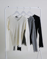 ラバーVネックダメージカットポイント長袖ニット (wool material)