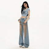 Light blue gradient blush washed straight leg floor-length jeans