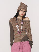 CONFUN Asymmetrical off-the-shoulder, laid-back and slimming base layer, striped knitted patchwork top