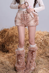Rose Island Winter Fawn Fur-patch Knit Shorts with Drawstring and Pom-pom Leg Warmers